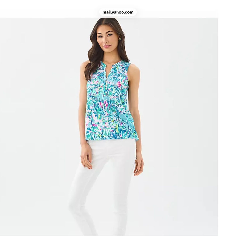 Lilly Pulitzer Tropical Floral Sleeveless Keyhole Top in Blue & Pink